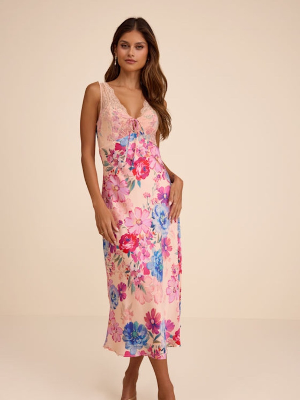Lulus Jaylene Blush Multi Floral Lace Tie-front Midi Dress Pink - Size L